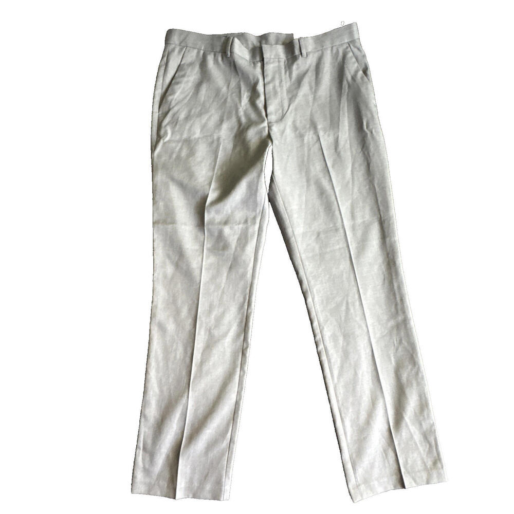 Perry Ellis Slim-Fit Twill Pants Mens 36x30 Light Grey Windowpane Stretch NWT